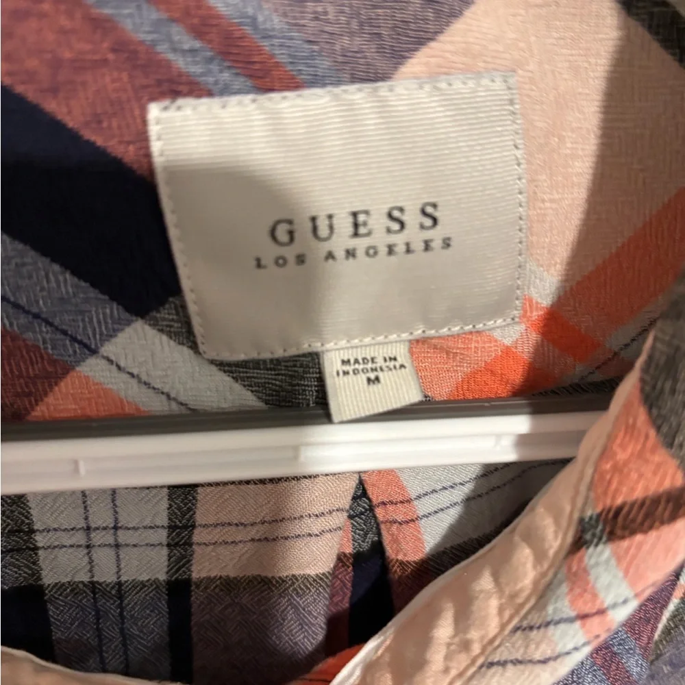 GUESS Plaid Button-Up Shirt in Coral & Navy - Picture 3 of 3
